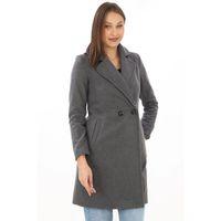 Kaşe Kaban – Siyah Yünlü Dokuma, Kruvaze Yaka, Astarlı, Cepli, Kuşaklı Uzun Boy Tesettür Uyumlu Kışlık Şık Kaban - Füme