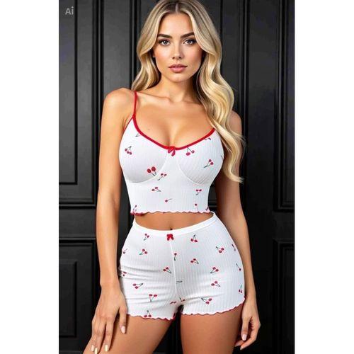 Kadın Vişne Motifli Dantel Askılı Şortlu Rahat Pijama Takımı