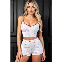 Kadın Vişne Motifli Dantel Askılı Şortlu Rahat Pijama Takımı