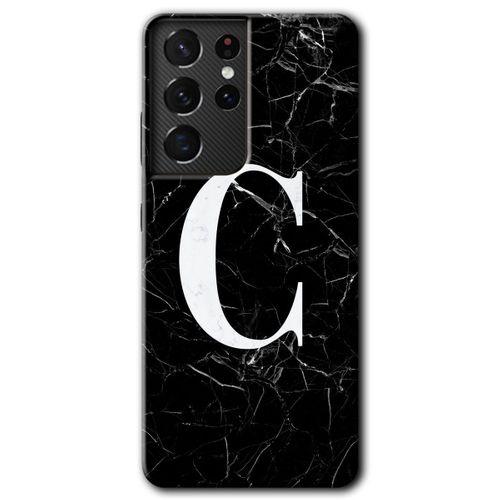 MRCİLETİSİM Samsung Galaxy S21 Ultra Kılıf HD Desen Baskılı Arka Kapak + Temperli Cam - Siyah Mermer Desenli C Harfi