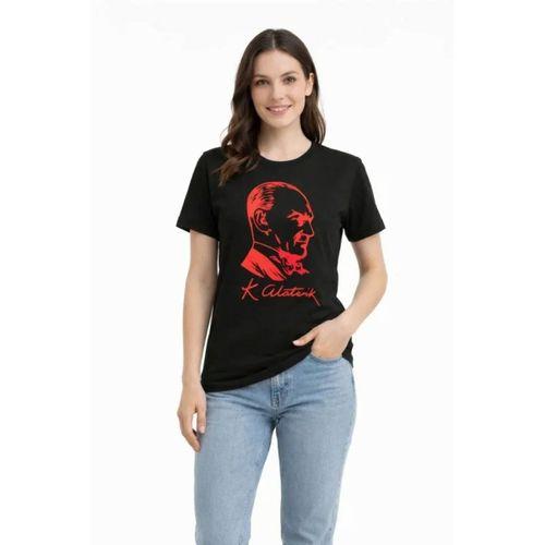 Atatürk Baskılı Tişört Kısa Kollu Bisiklet Yaka  T-Shirt - Siyah