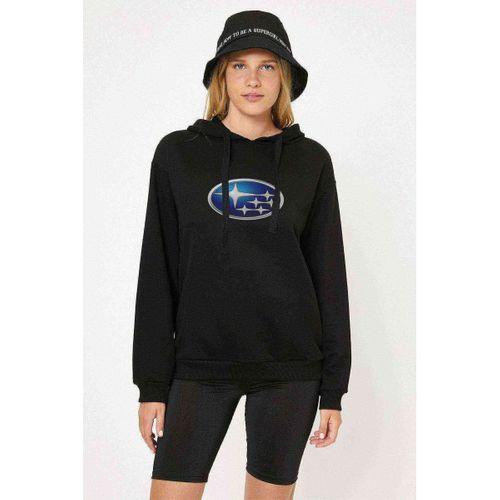 Araba Subaru Blue Logo Baskılı Siyah Kadın Kapşonlu Sweatshirt