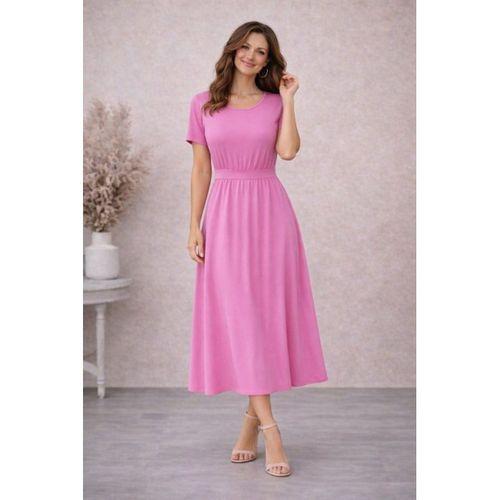 Kadın Kısa Kollu Yuvarlak Yaka Arkadan Düğmeli Viskon Midi Elbise