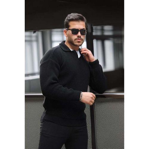 Oversize Gömlek Polo Yaka Selanik Örgülü Erkek Triko Kazak - Siyah