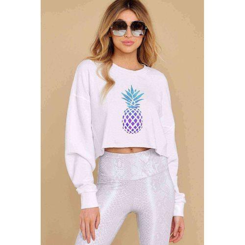 Watercolor Pineapple Baskılı Crop Kadın Beyaz Sweatshirt