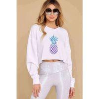 Watercolor Pineapple Baskılı Crop Kadın Beyaz Sweatshirt
