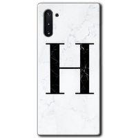 Galaxy Note 10 Kılıf HD Desen Baskılı Arka Kapak - Beyaz Mermer Desenli H Harfi + Kırılmaz Cam