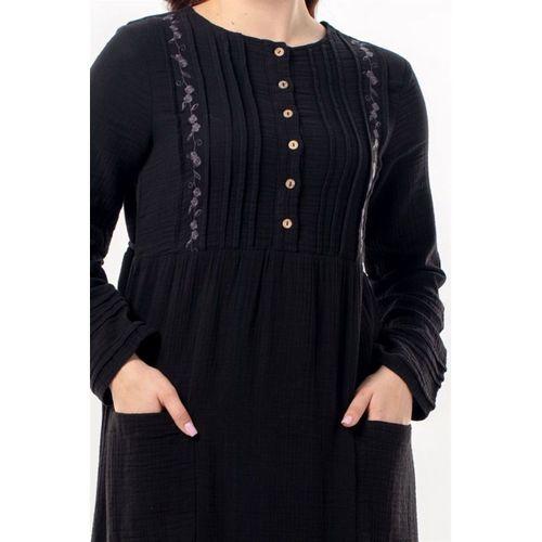 Uzun Kol Dora Yuvarlak Yaka Düğmeli Çift Cepli Yazlık Uzun Müslin Elbise Siyah Syh