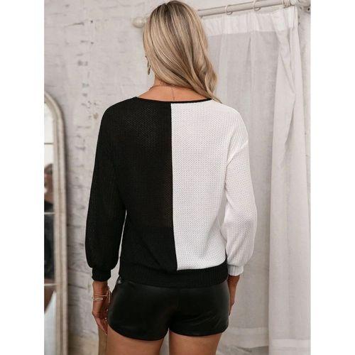 Kadın Uzun Kollu V Yakalı çift Renkli Triko Bluz