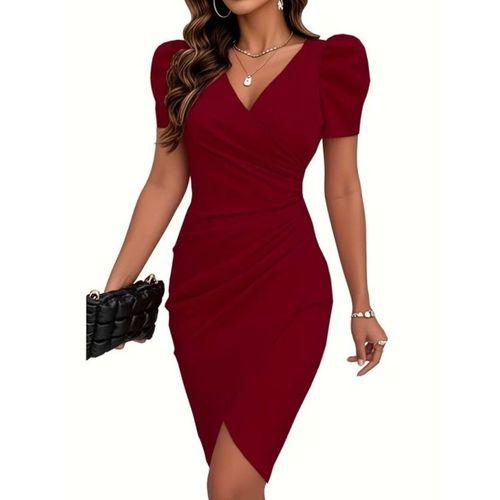 Kadın Kısa Kollu Kruvaze Yakalı Asımetrık Kesım Detaylı Kısa Ithal Krep Elbise