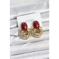 Pirinç Gold Renk Bordo Taşlı Vintage Kadın Küpe