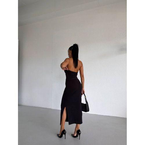 Kadın Boyun Aksesuarlı Halter Yaka Maxi Boy Sandy Kumaş Elbise