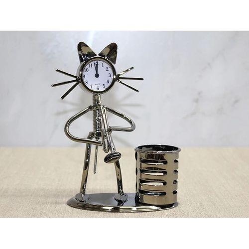 Metal Saksafon Çalan Kedi Müzisyen Saat Ve Kalemlik Alk4346
