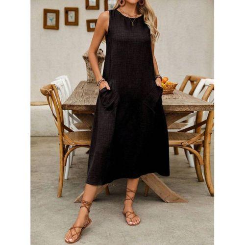 Kadın Askılı Yuvarlak Yakalı Kıloş Cepli Uzun Elbise