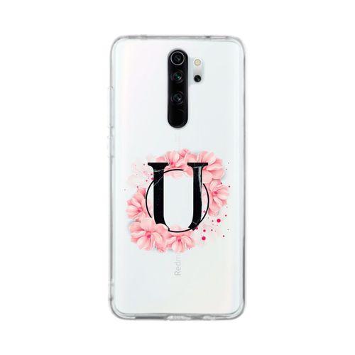 Xiaomi Redmi Note 8 Pro Pembe Çiçek Desen U Harfli Şeffaf Kılıf
