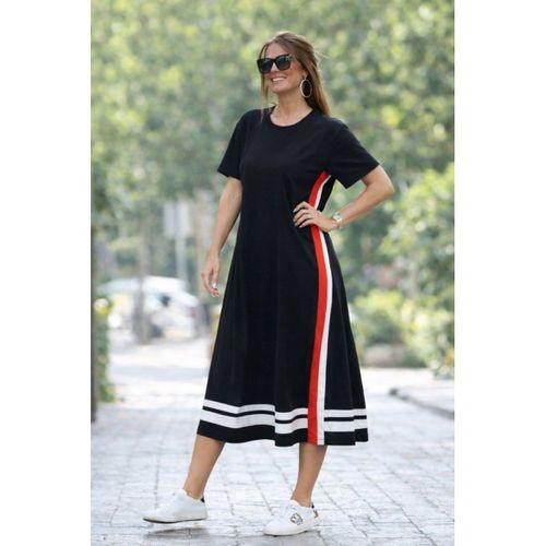 Kadın Kısa Kollu Bisiklet Yaka Yan şerit Detaylı Midi Viskon Elbise