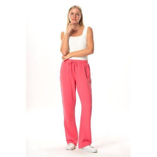 Müslin Beli Bağcıklı Çift Cepli Kadın Yazlık Pantolon Pembe Pmb