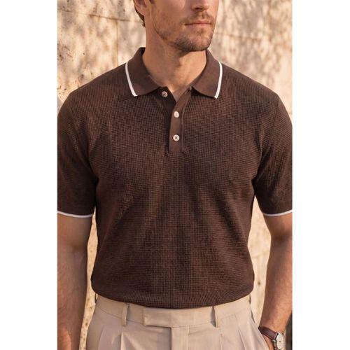 Balzac Yakası Şeritli Düğmeli Polo Yaka Basic Günlük Petek Örgü Triko Erkek T-Shirt - Kahve