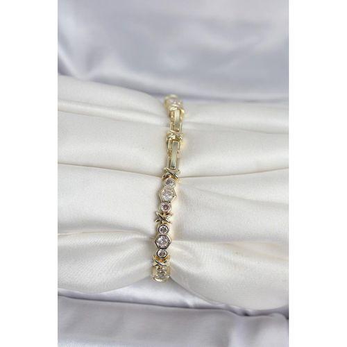 Pirinç Gold Renk Petek Model Zirkon Taşlı Kadın Bileklik