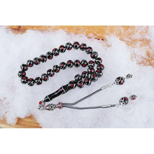 Oltu Taşı Küre Model Üçlü Çeşmi Bülbül  Kırmızı İşlemeli  Bürokrat Boy Tespih