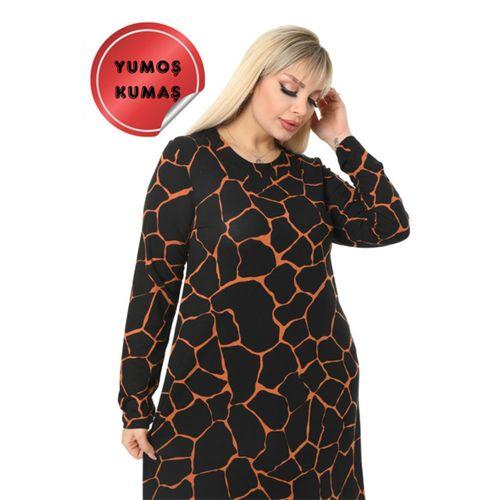 Melsay Butik Büyük Beden Siyah Turuncu Taş Desen Yumoş Uzun Elbise