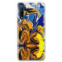 Huawei Nova 5i Kılıf Mavi Turuncu Mermer Arka Kapak Koruma Desenli Full Koruyucu