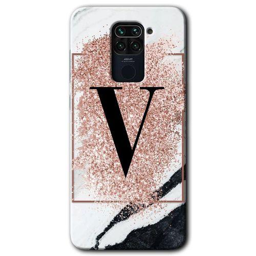 MRCİLETİSİM Xiaomi Redmi Note 9 Kılıf Baskılı Kapak - Pembe Mermer Desenli V Harfi + 5D Tam Kaplayan Cam