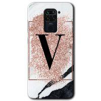 MRCİLETİSİM Xiaomi Redmi Note 9 Kılıf Baskılı Kapak - Pembe Mermer Desenli V Harfi + 5D Tam Kaplayan Cam