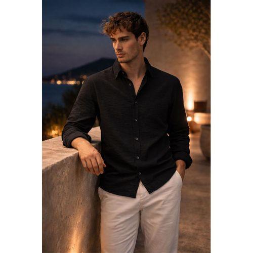 Pera Kumaş Keten Görünümlü Yarım Oversize Uzun kollu Erkek Gömlek - Siyah