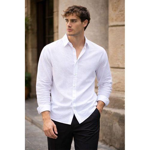 Pera Kumaş Keten Görünümlü Yarım Oversize Uzun kollu Erkek Gömlek - Beyaz