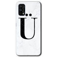 Realme 7 Pro Kılıf Baskılı Kapak - Beyaz Mermer Desenli Ü Harfi + 5D Tam Kaplayan Cam