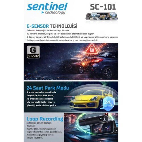 Sentinel SC-101 4K UHD Ayna Tipi Araç Kamerası | 3 Yönlü Kamera, Dahili Wi-Fi, G-Sensor, 24 Saat Park Modu, ADAS & BSD