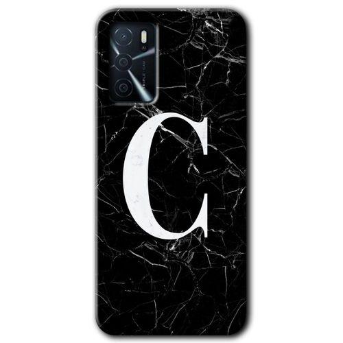 Oppo A16 Kılıf HD Desen Baskılı Arka Kapak + Temperli Cam - Siyah Mermer Desenli C Harfi