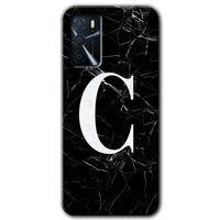 Oppo A16 Kılıf HD Desen Baskılı Arka Kapak + Temperli Cam - Siyah Mermer Desenli C Harfi