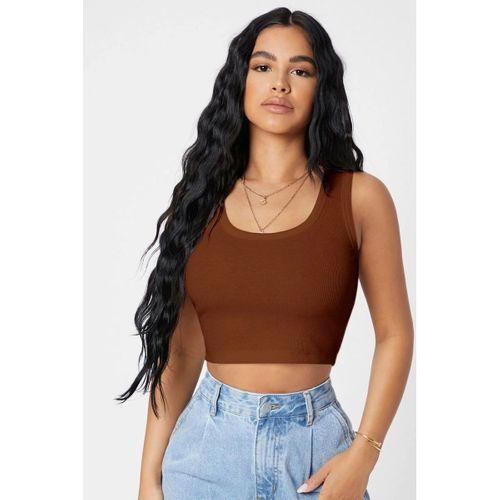 Kadın Kahverengi Modern Fit Kare Yaka Crop Top Bluz