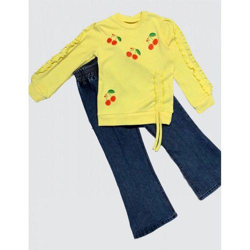 4-5-6 Yaş Kot Pantolonlu Kiraz Desenli Penye Sweat Uzun Kollu 2li Kız Çocuk Takımı Sarı