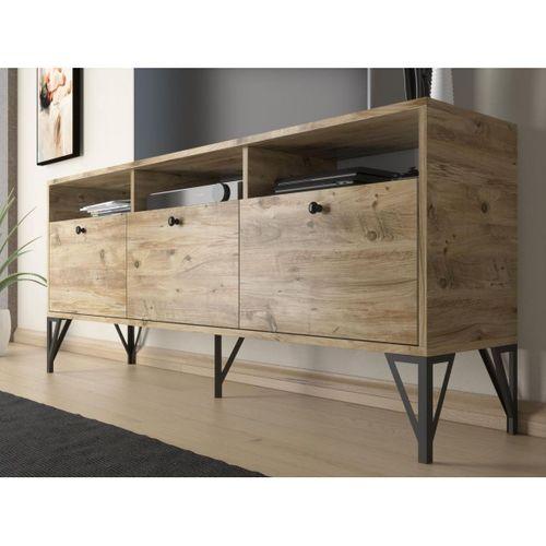 Wood'n Love Rhea 160 Cm Dolaplı, Minifiks Bağlantı, Geniş Tv Ünitesi - Konsol - Atlantik Çam / Siyah