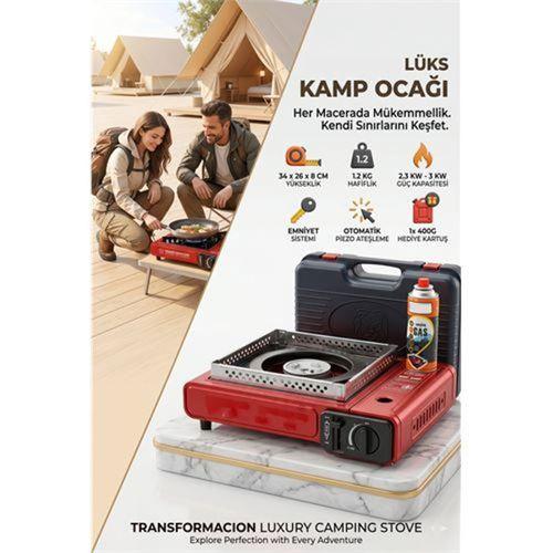 Çantalı KIRMIZI Portatif Kamp Ocağı + 1 X Kartuş  Piknik Ocağı Otomatik Ateşlemeli 723183
