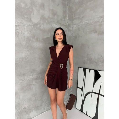 Kruvaze Drapeli Tokalı Mini Elbise Şık Gece Davet Abiye - Kahverengi