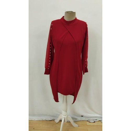 Kadın Uzun Kollu Yarı Balıkçı Yaka Tül Ve Inci Detaylı Kısa Ithal Krep Midi Elbise