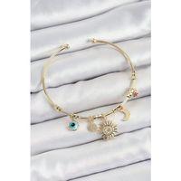 Pirinç Zirkon Taşlı Güneş Ay Nazar Model Gold Renk Charm Bileklik