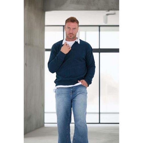 Polo Yaka Selanik Örme Kumaş Erkek Sweatshirt - Prusya Mavisi