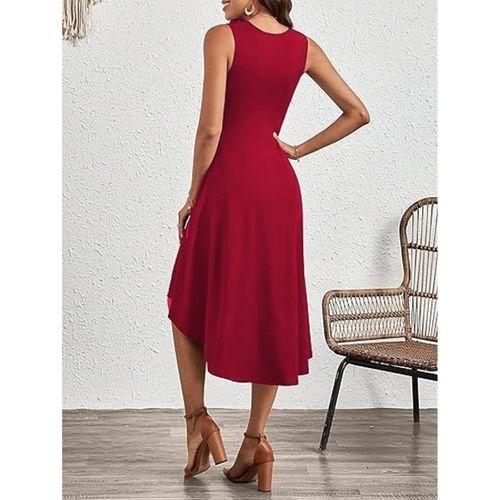 Kadın Sıfır Kollu Bisiklet Yaka Büzgülü Asimetrik Kesim Detaylı Janjan Krep Elbise