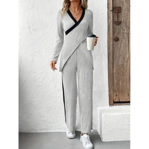 Kadın Uzun Kollu V Yakalı çapraz Detaylı şardonlu Kaşkorse Bluz Ve Pantolon Ikili Takım