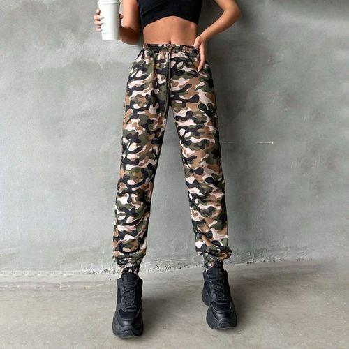 Kadın Yüksek Bel Kamuflaj Baskılı Bileği Lastik Detay İki İplik Pantolon