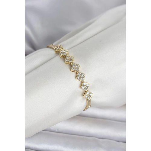 Pirinç Gold Renk Yonca Model Zirkon Taşlı Kadın Bileklik