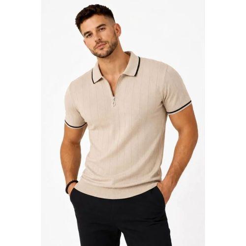 Erkek Fitilli Triko T-shirt Polo Yaka Yarım Fermuarlı Kısa Kollu Tişört - Bej
