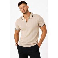Erkek Fitilli Triko T-shirt Polo Yaka Yarım Fermuarlı Kısa Kollu Tişört - Bej