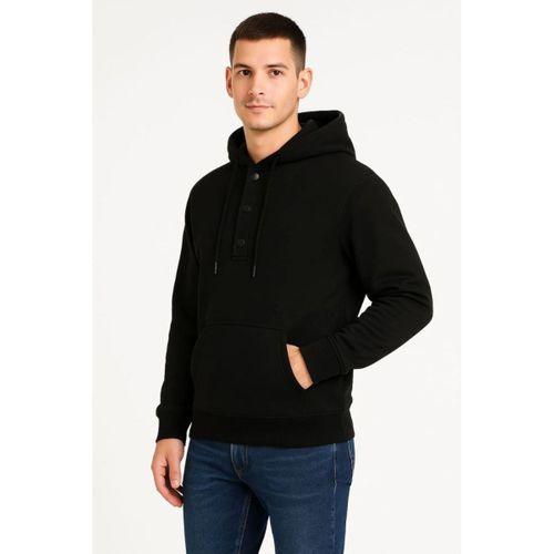 Erkek Ovarsize Kapüşonlu Swetshirt Kanguru Çepli Cıtcıtlı 3 Iplik Şardonlu Hoodie - Siyah