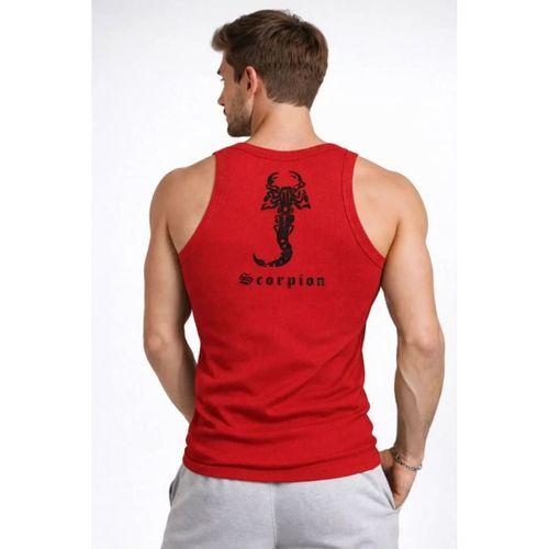 Erkek Fitilli Atlet Sıfır Yaka Slim Fit Arka Baskılı Spor Atlet - Kırmızı